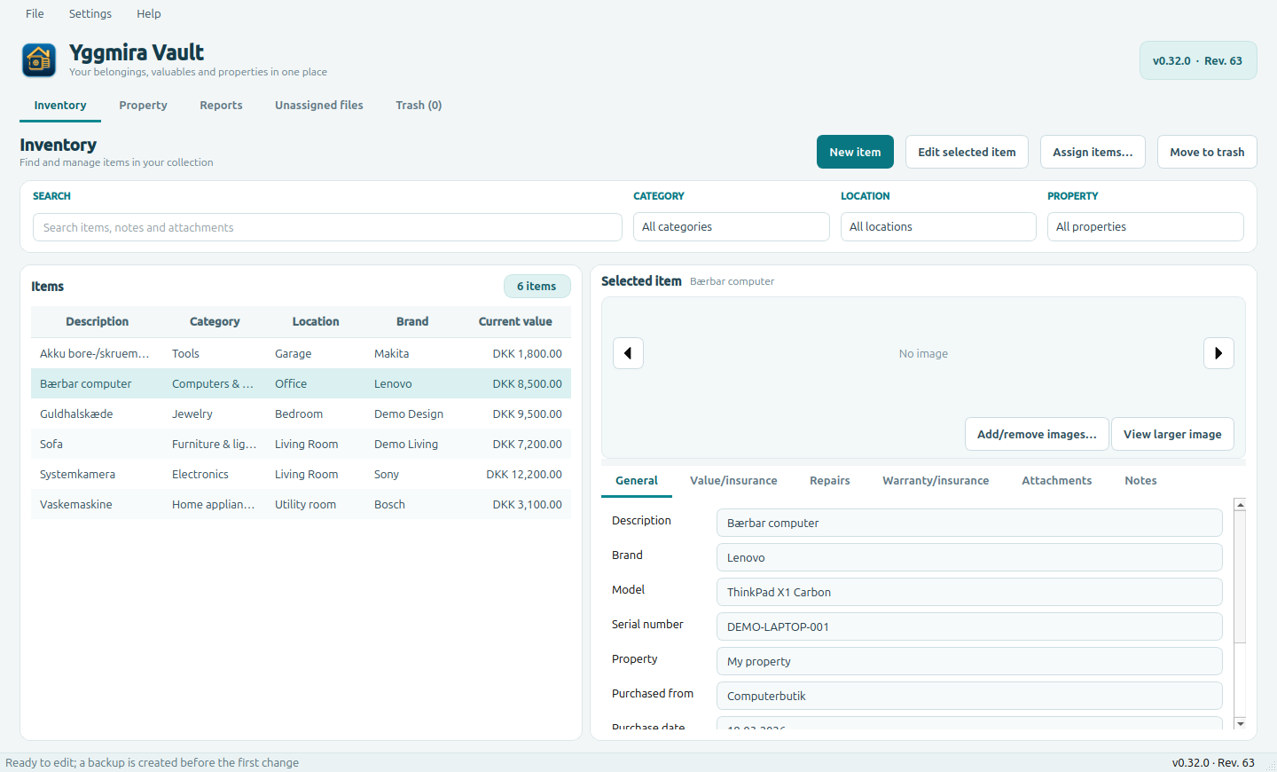 Yggmira Vault inventory screen
